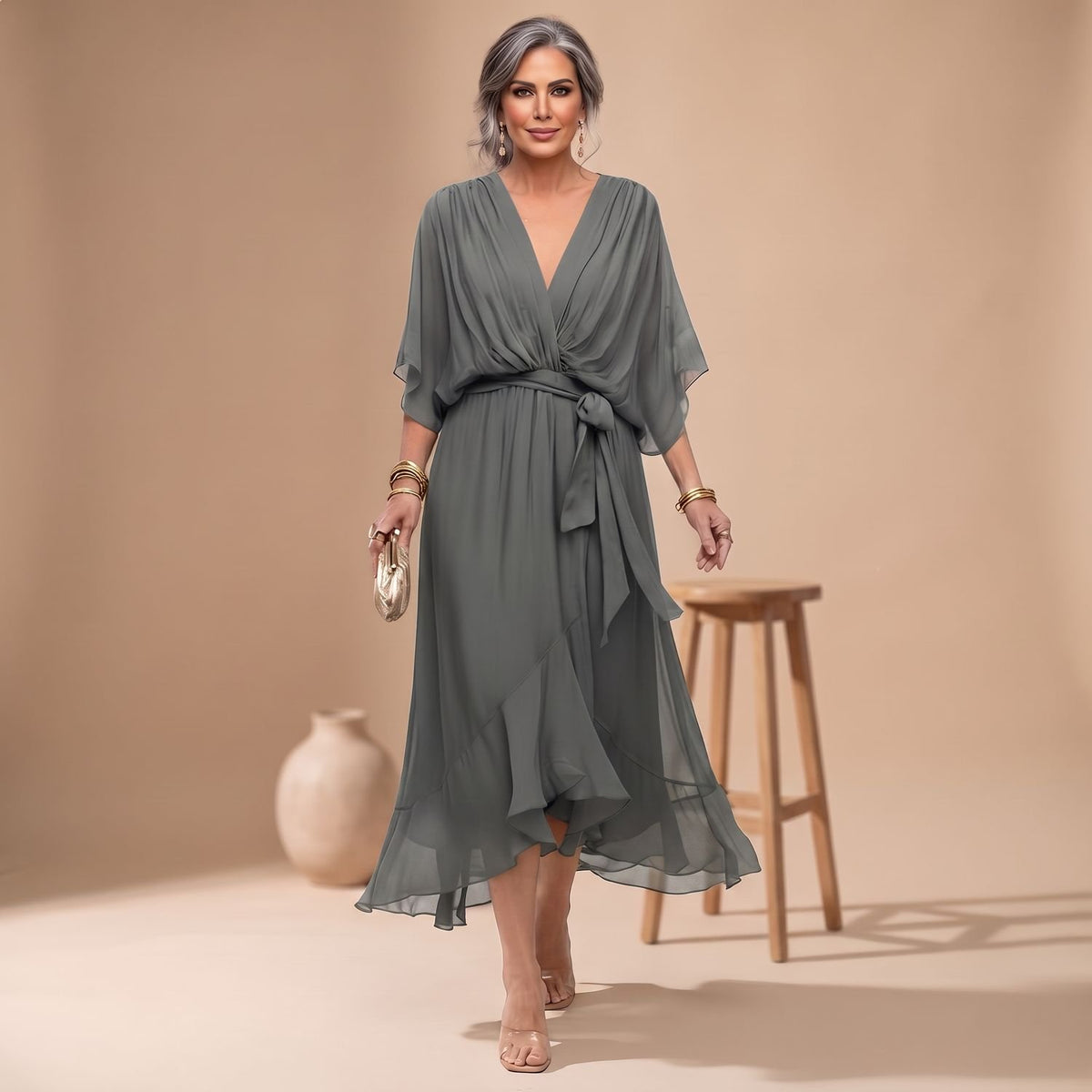 Women's V-Neck Chiffon Belted Midi Wrap Dress - Gray