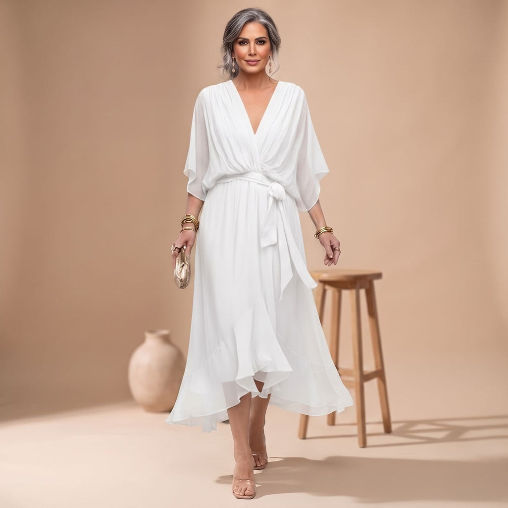 Women's V-Neck Chiffon Belted Midi Wrap Dress - White