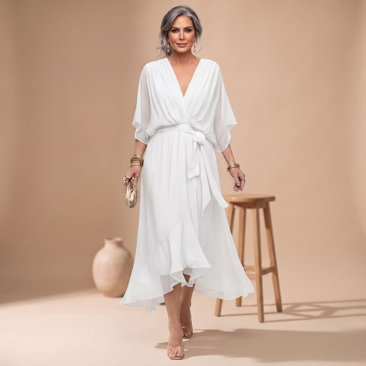 Women's V-Neck Chiffon Belted Midi Wrap Dress - White