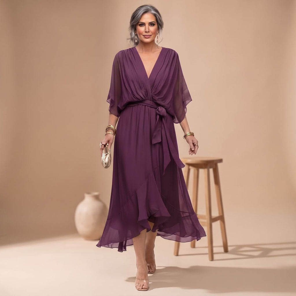 Women's V-Neck Chiffon Belted Midi Wrap Dress - Purple
