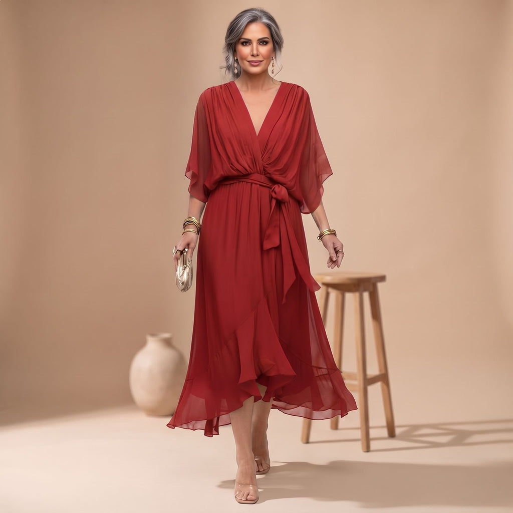 Women's V-Neck Chiffon Belted Midi Wrap Dress - Burgundy
