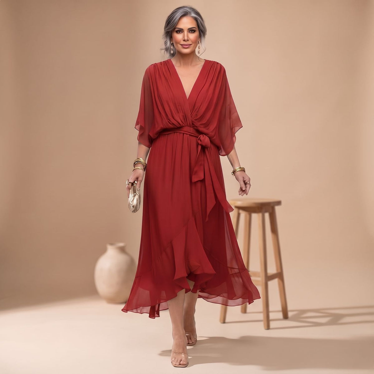 Women's V-Neck Chiffon Belted Midi Wrap Dress - Burgundy