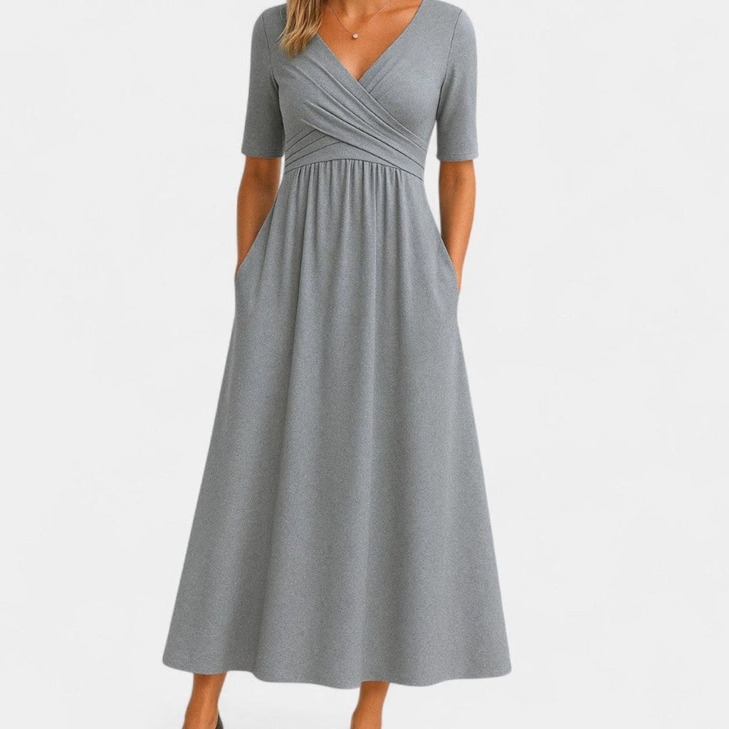 Women's V-Neck Crossover High-Waist A-Line Midi Dress Pockets - Gray
