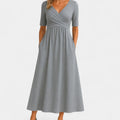 Women's V-Neck Crossover High-Waist A-Line Midi Dress Pockets - Gray
