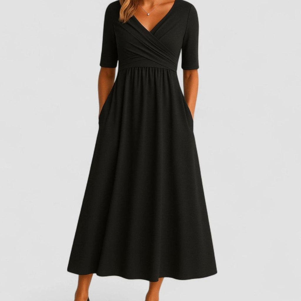 Women's V-Neck Crossover High-Waist A-Line Midi Dress Pockets - Black