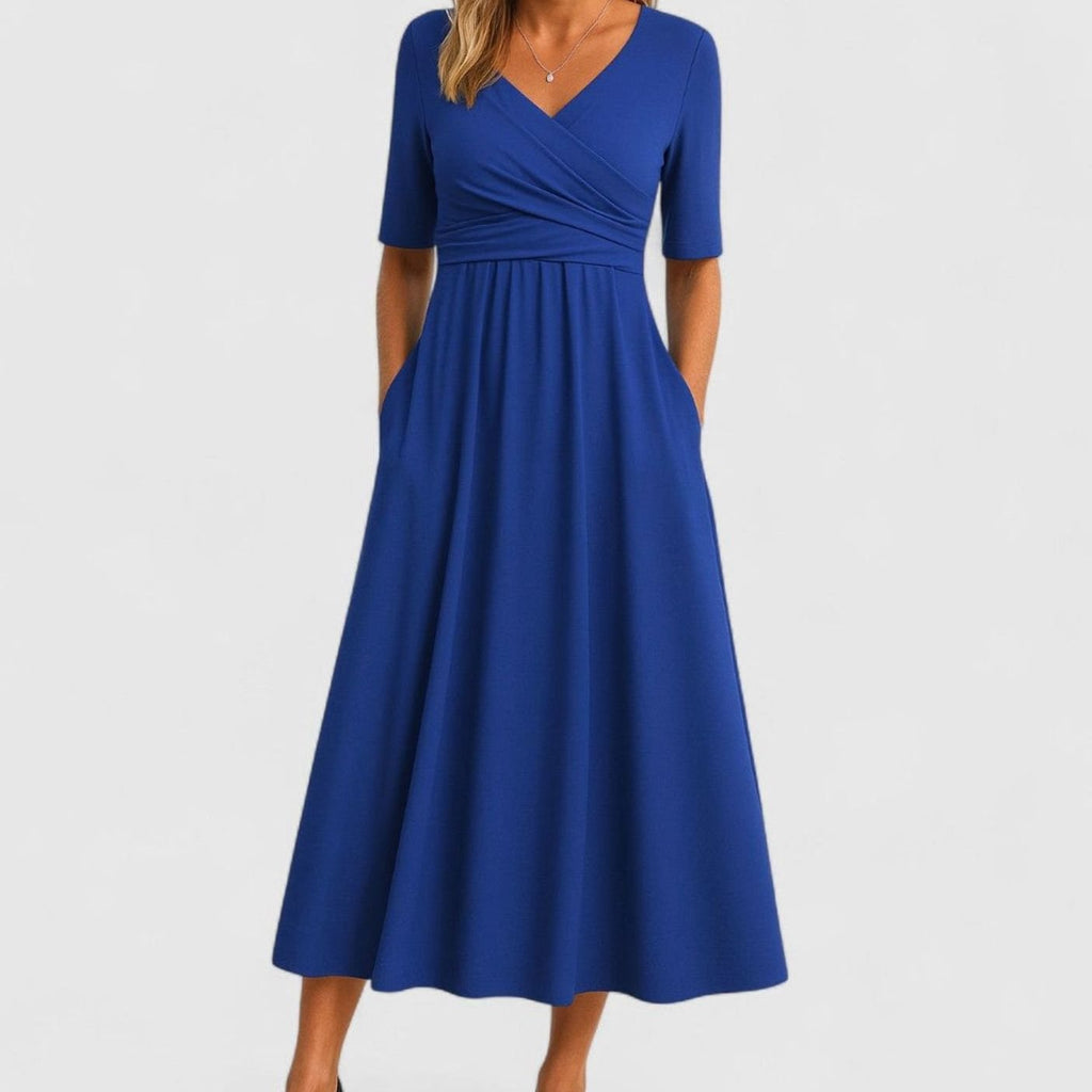 Women's V-Neck Crossover High-Waist A-Line Midi Dress Pockets - Blue