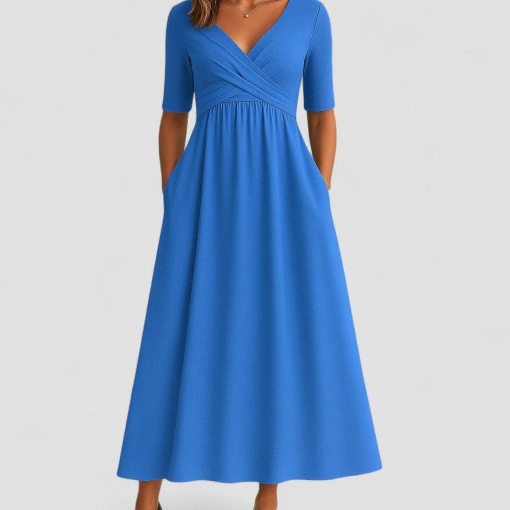 Women's V-Neck Crossover High-Waist A-Line Midi Dress Pockets - Azure