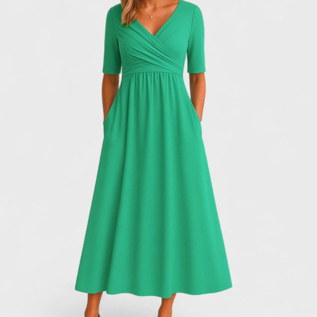 Women's V-Neck Crossover High-Waist A-Line Midi Dress Pockets - Green