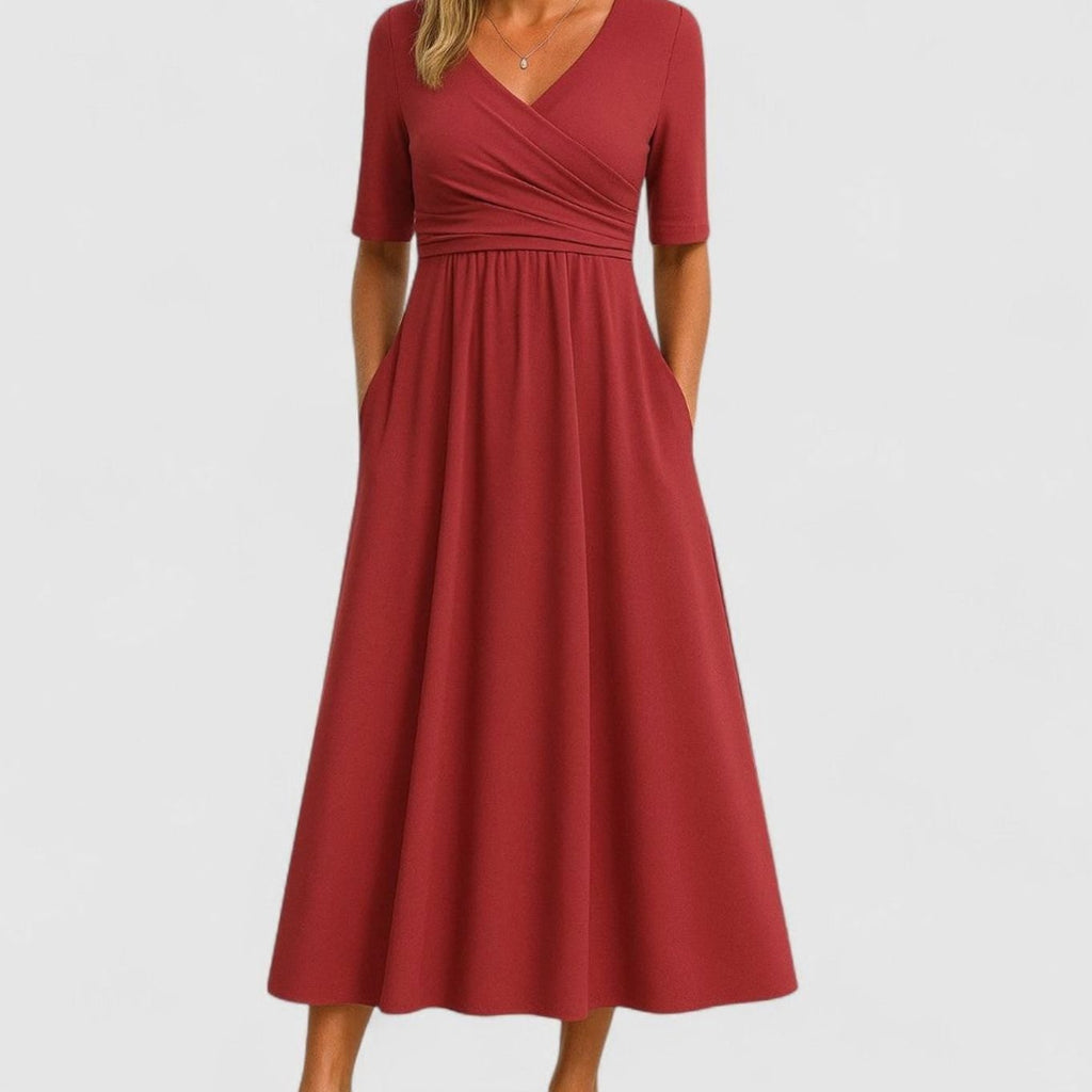 Women's V-Neck Crossover High-Waist A-Line Midi Dress Pockets - Red