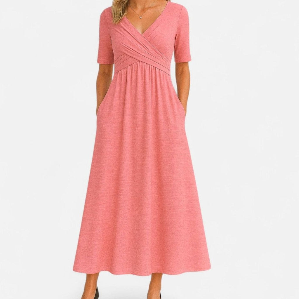 Women's V-Neck Crossover High-Waist A-Line Midi Dress Pockets - Pink