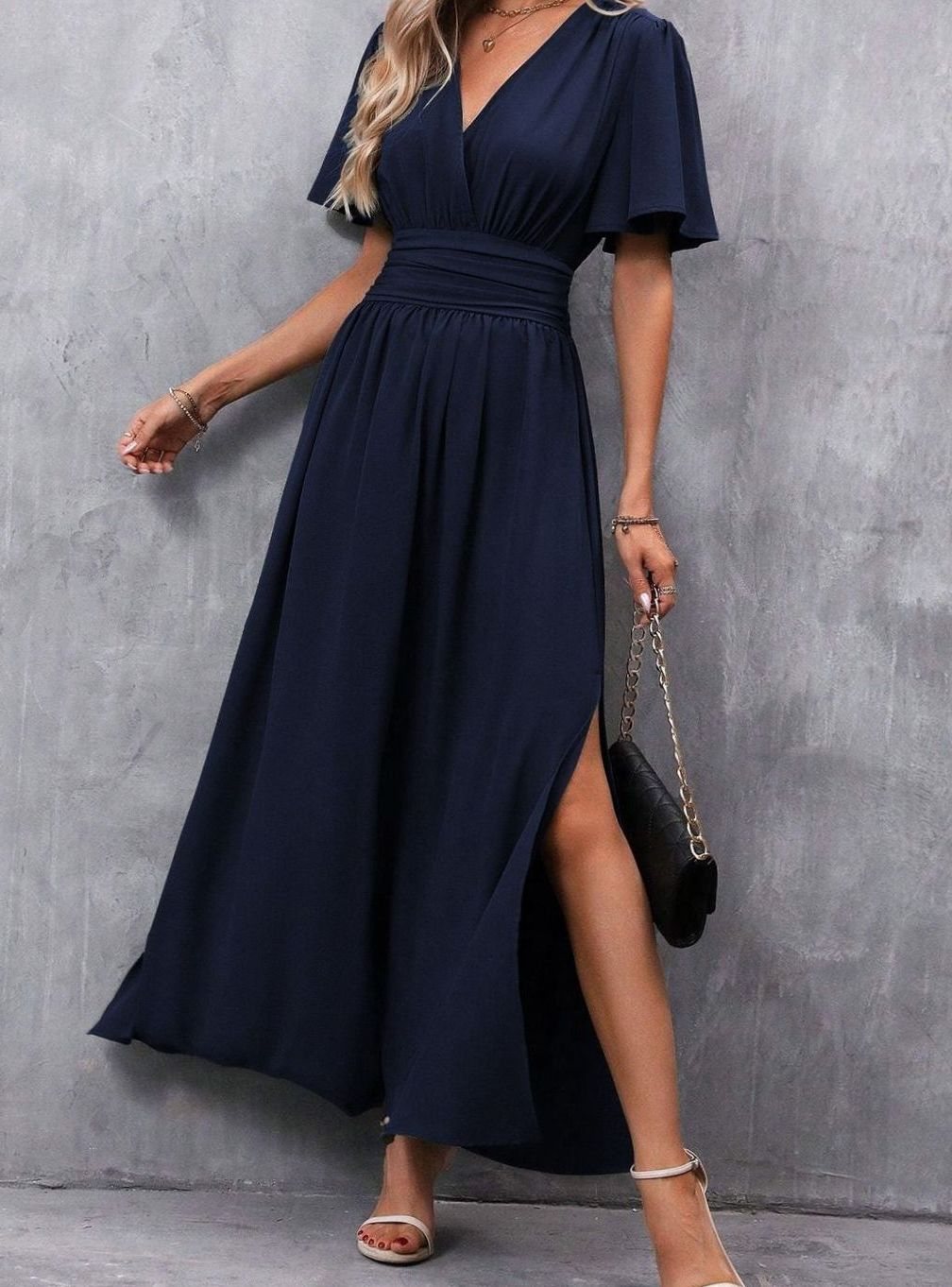 Women's V-Neck Flutter-Sleeve Ruched-Waist Maxi Dress Side Slit - Navy