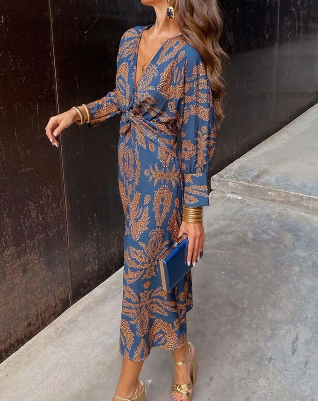 Women's V-Neck Front-Knot Printed Long-Sleeve Maxi Dress - Blue