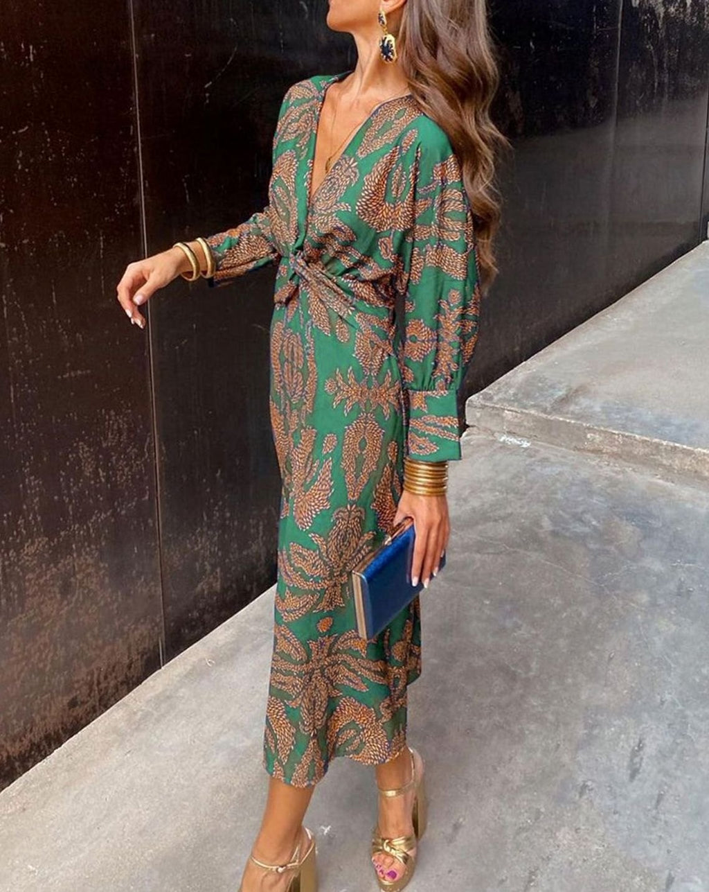Women's V-Neck Front-Knot Printed Long-Sleeve Maxi Dress - Green