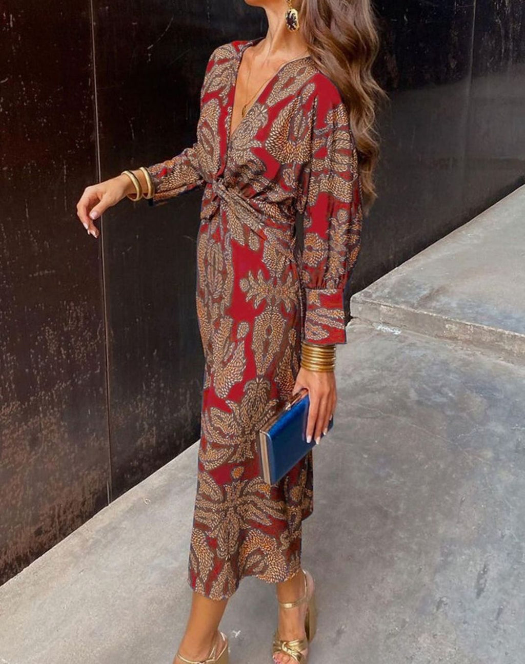 Women's V-Neck Front-Knot Printed Long-Sleeve Maxi Dress - Red