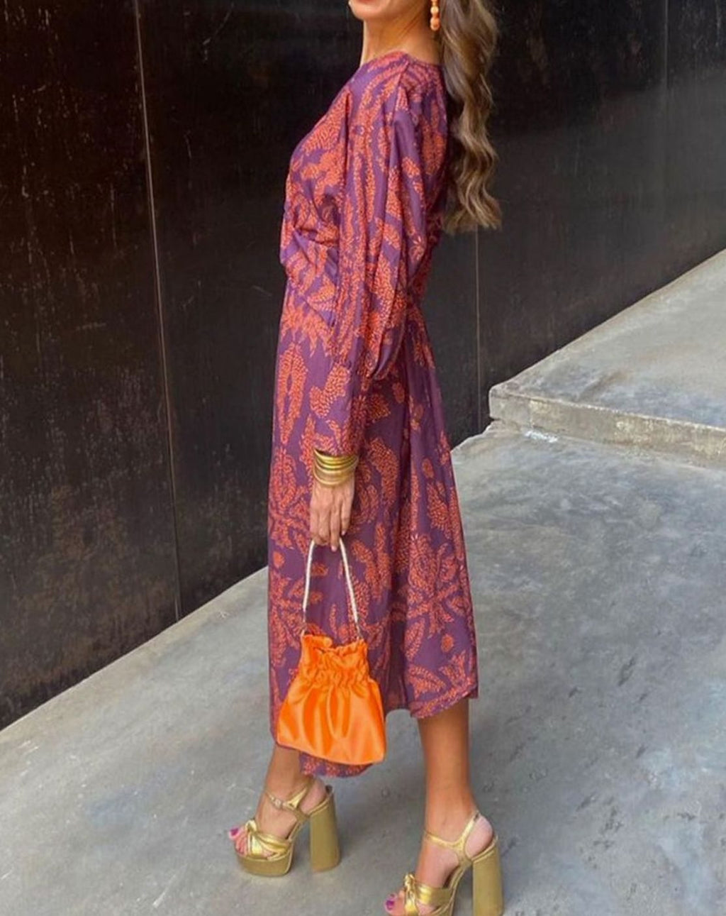 Women's V-Neck Front-Knot Printed Long-Sleeve Maxi Dress - Purple