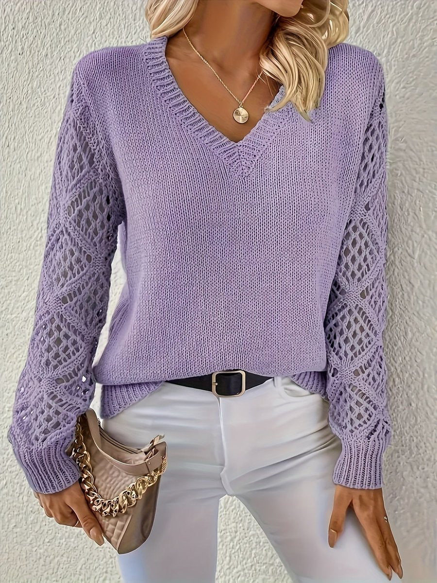 Women's V-Neck Hollow-Sleeve Pullover Knit Sweater - Purple