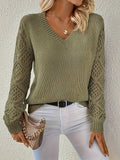 Women's V-Neck Hollow-Sleeve Pullover Knit Sweater - Olive Green