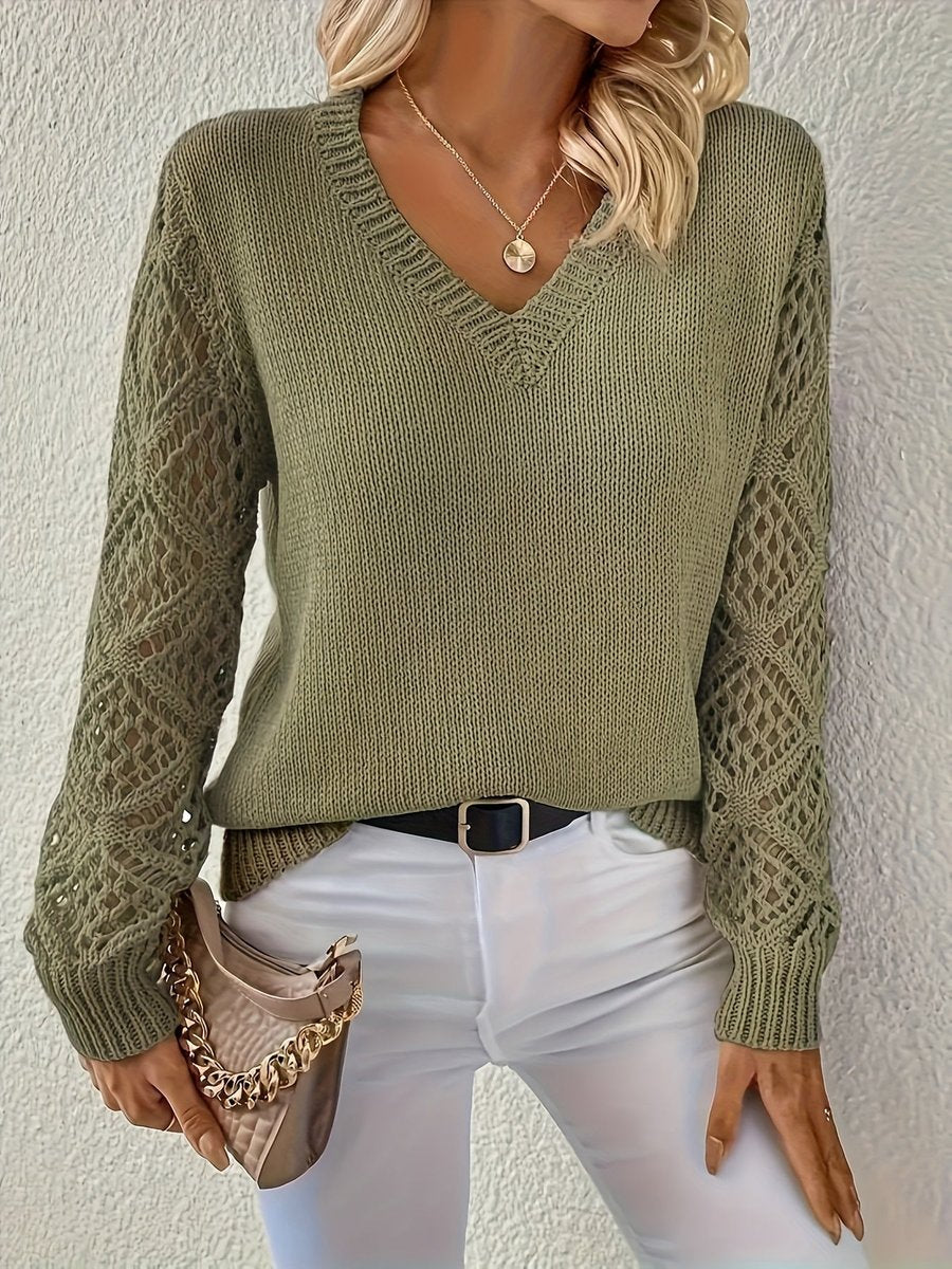 Women's V-Neck Hollow-Sleeve Pullover Knit Sweater - Olive Green