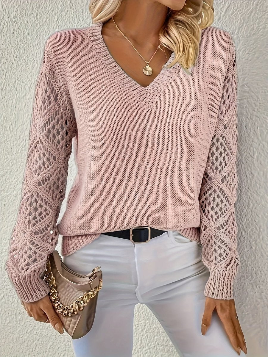 Women's V-Neck Hollow-Sleeve Pullover Knit Sweater - Pink
