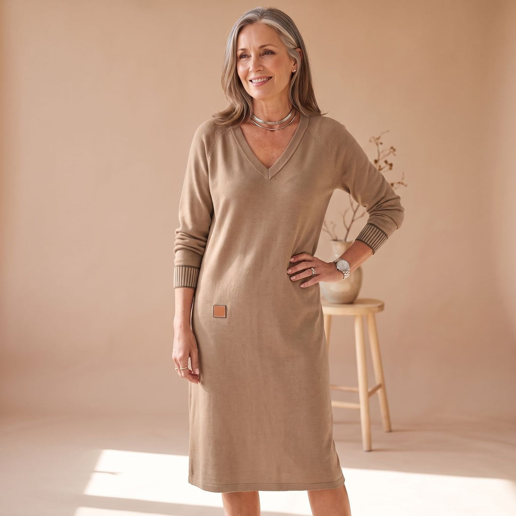 Women's V-Neck Long Sleeve Midi Sweater Dress - Beige
