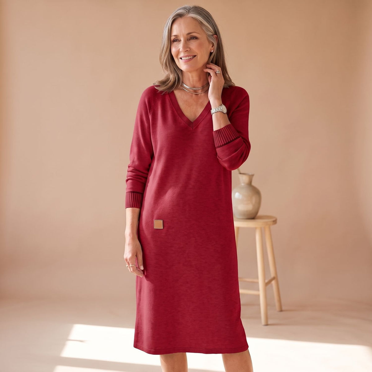 Women's V-Neck Long Sleeve Midi Sweater Dress - Red