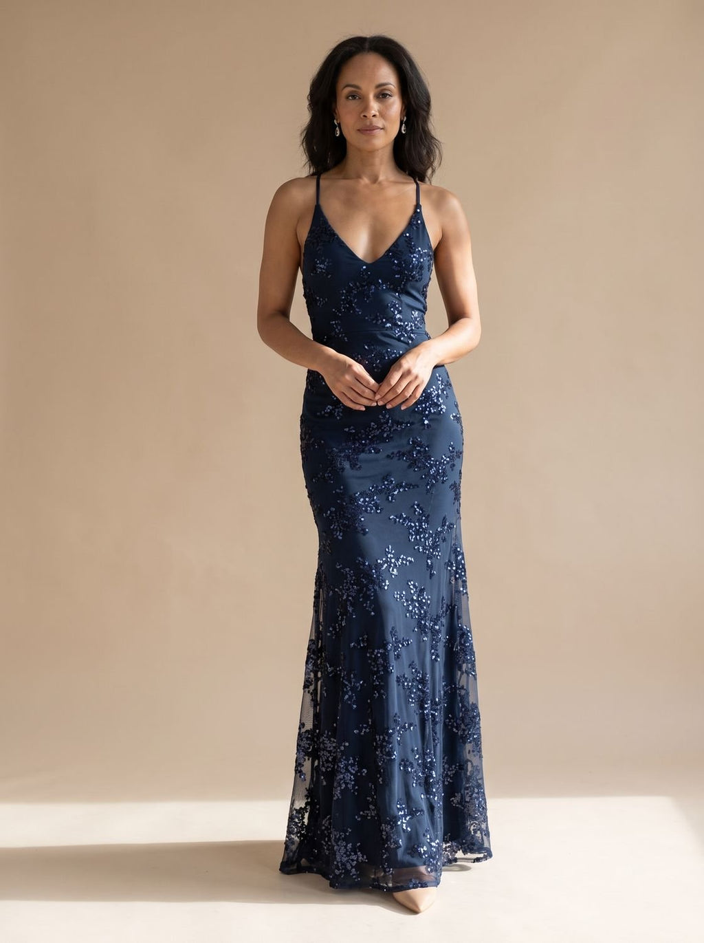 Women's V-Neck Open-Back Sequin Maxi Dress - Blue