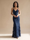 Women's V-Neck Open-Back Sequin Maxi Dress - Blue