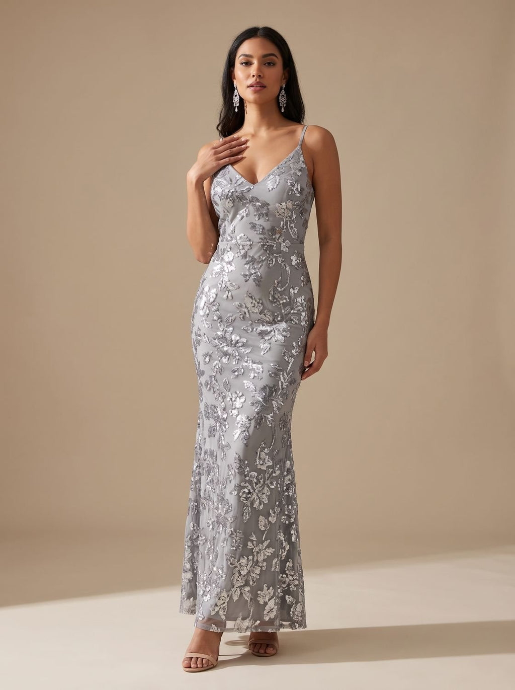 Women's V-Neck Open-Back Sequin Maxi Dress - Gray