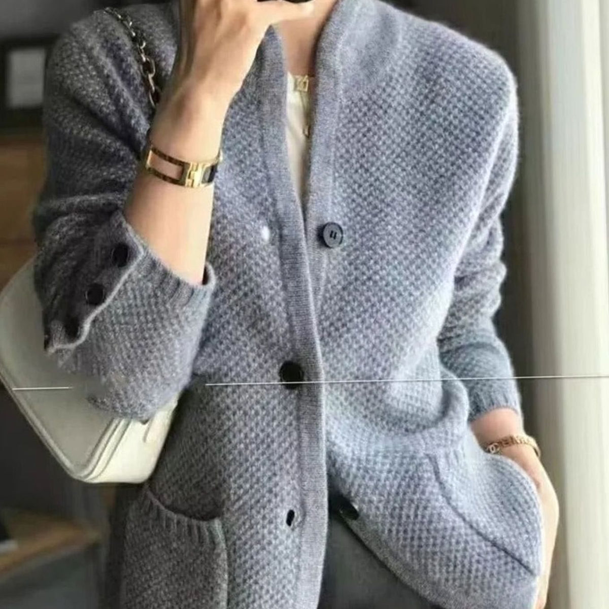 Women's V-Neck Open-Pocket Knit Button Cardigan Sweater - Gray