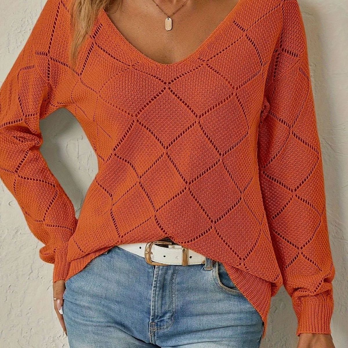Women's V-Neck Openwork Relaxed-Fit Knit Sweater - Orange-Red