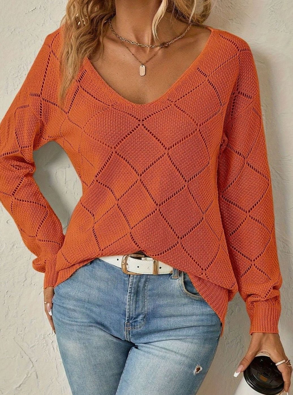 Women's V-Neck Openwork Relaxed-Fit Knit Sweater