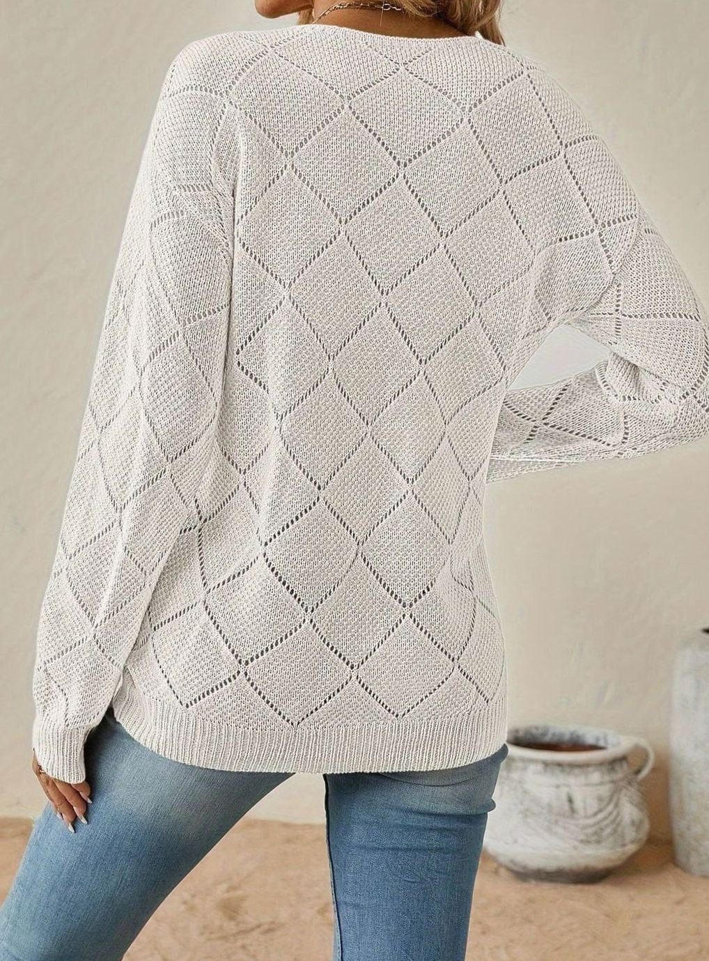 Women's V-Neck Openwork Relaxed-Fit Knit Sweater