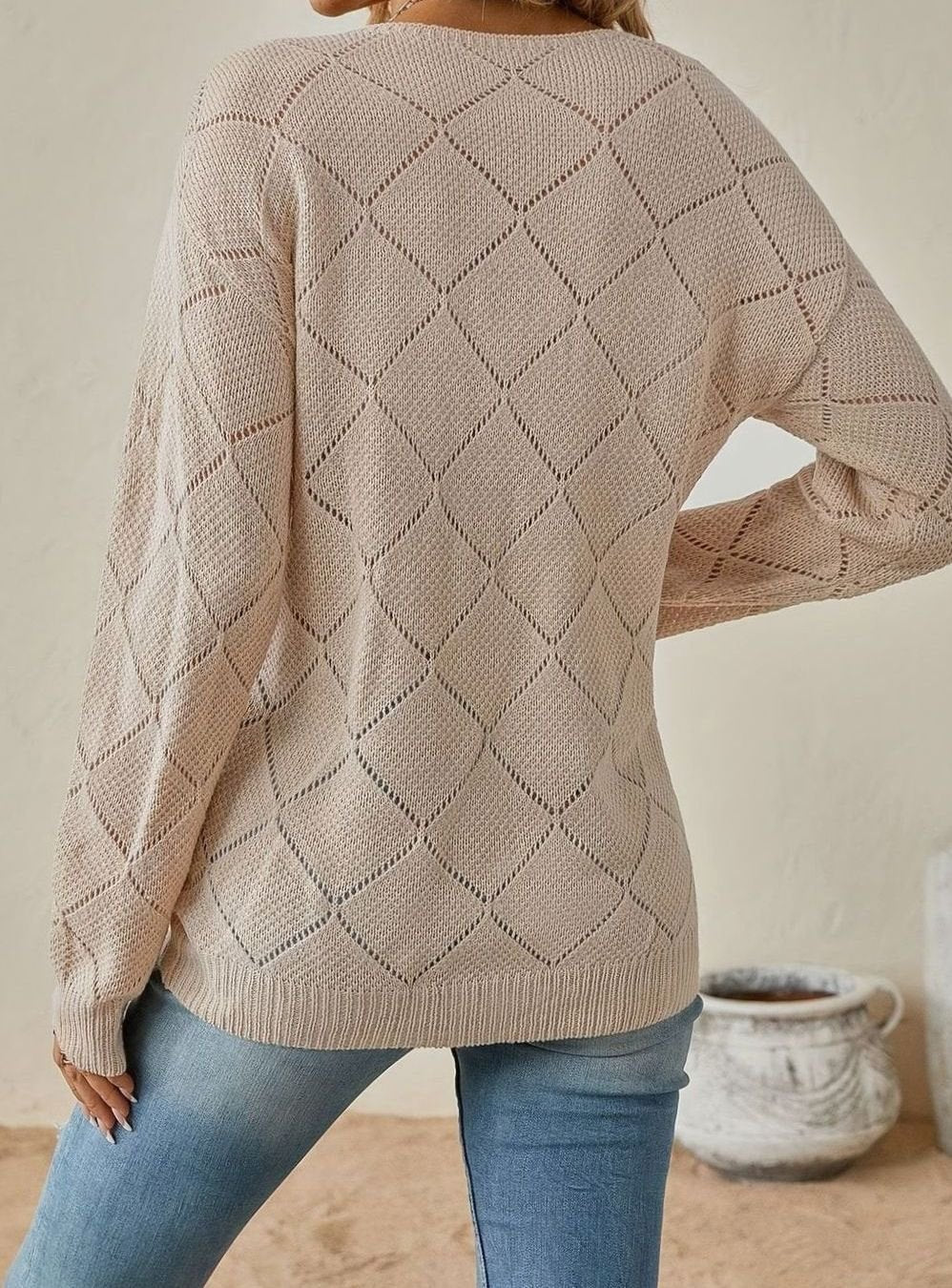 Women's V-Neck Openwork Relaxed-Fit Knit Sweater
