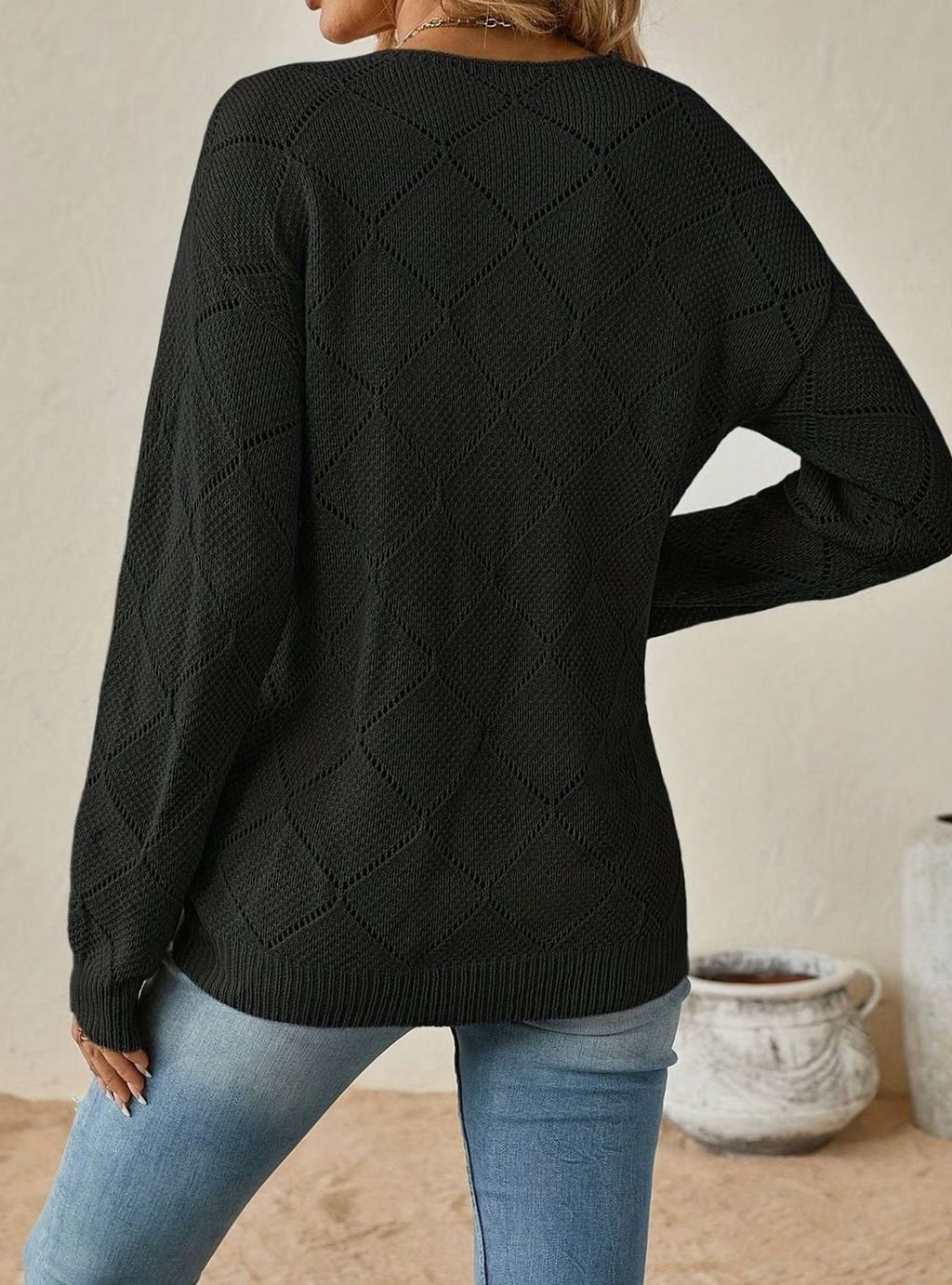 Women's V-Neck Openwork Relaxed-Fit Knit Sweater