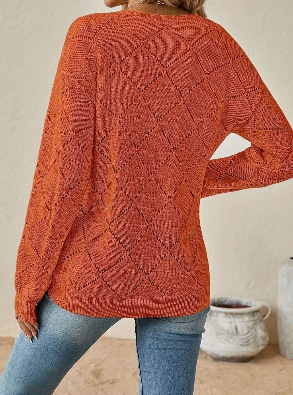 Women's V-Neck Openwork Relaxed-Fit Knit Sweater