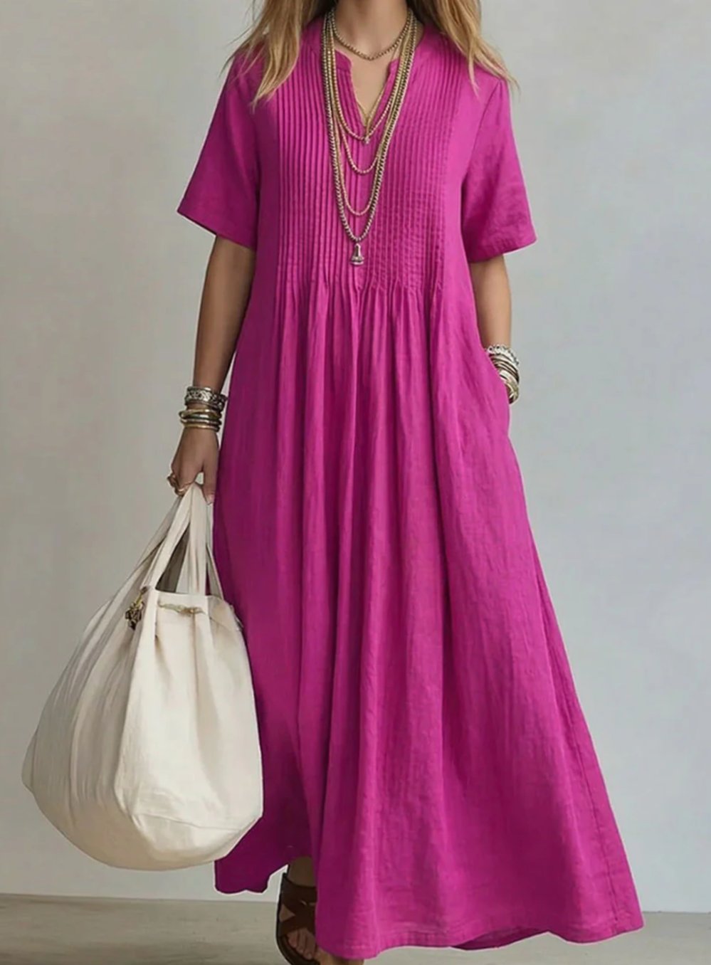 Women's V-Neck Pleated Short-Sleeve Flowy Maxi Dress - Pink