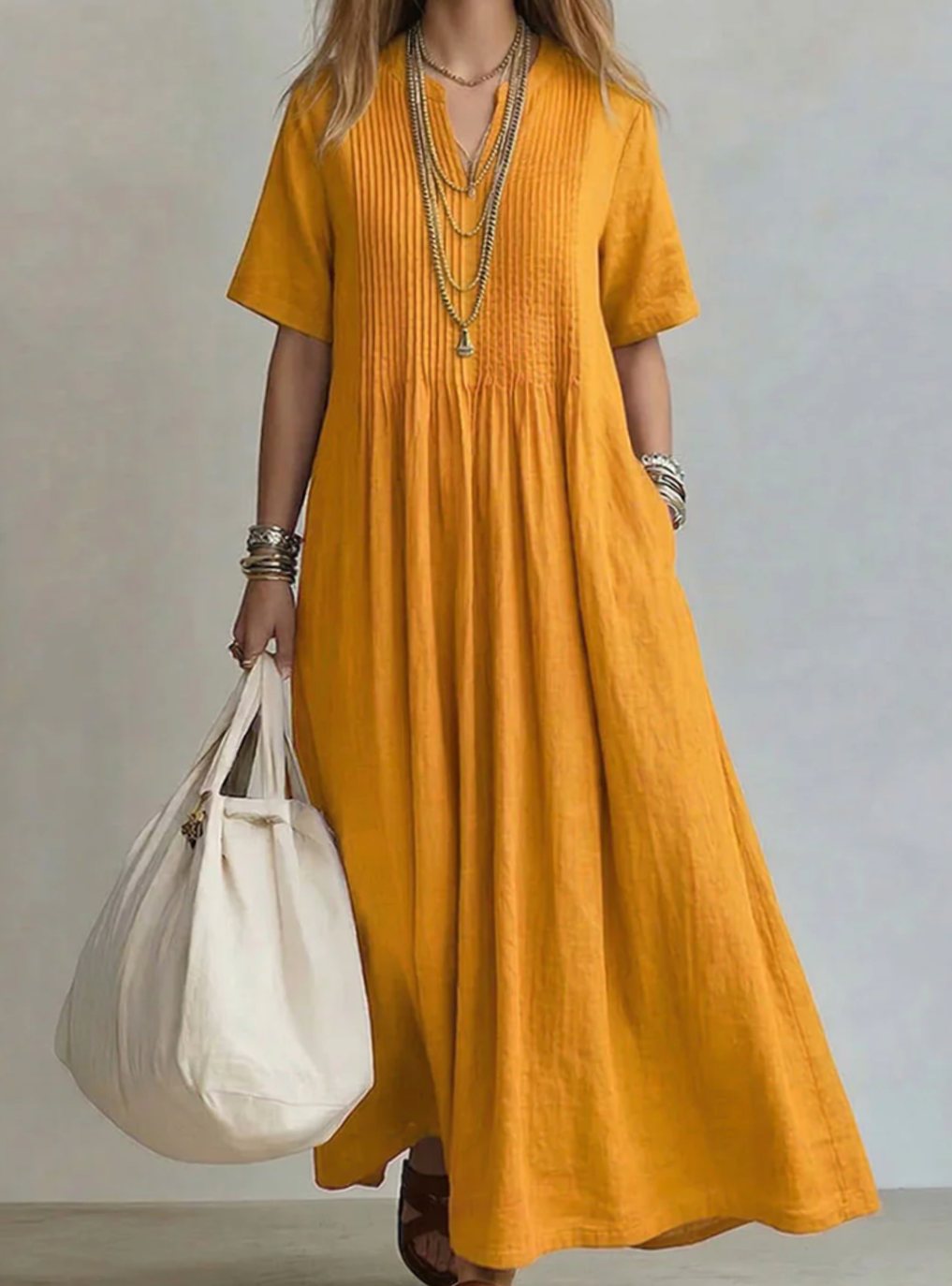 Women's V-Neck Pleated Short-Sleeve Flowy Maxi Dress - Yellow