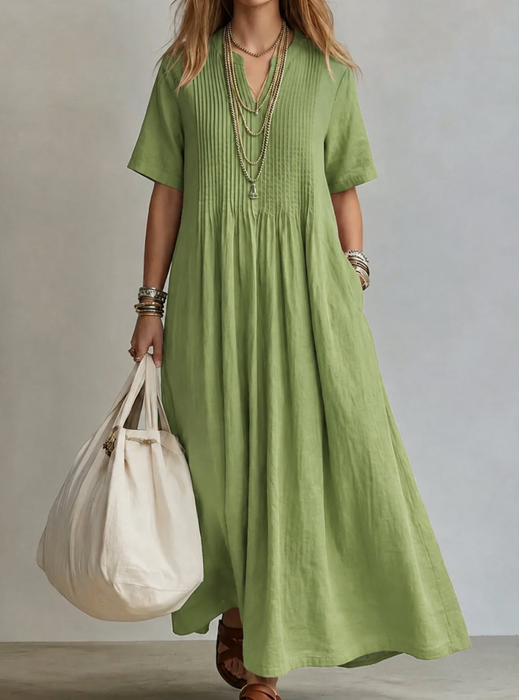 Women's V-Neck Pleated Short-Sleeve Flowy Maxi Dress - Green