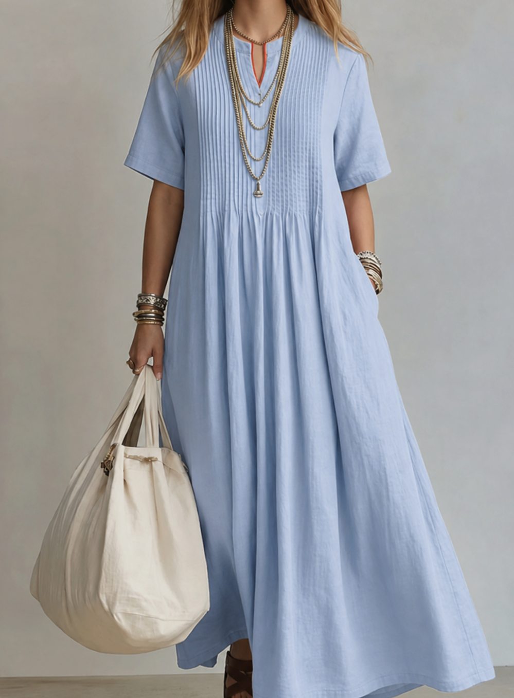 Women's V-Neck Pleated Short-Sleeve Flowy Maxi Dress - Blue