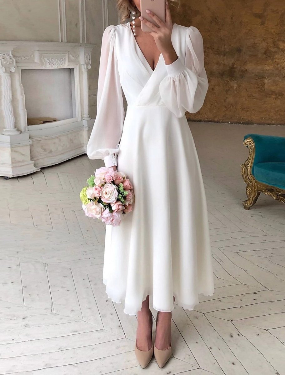 Women's V-Neck Puff Long Sleeve Dress Midi A-Line Bridal - White