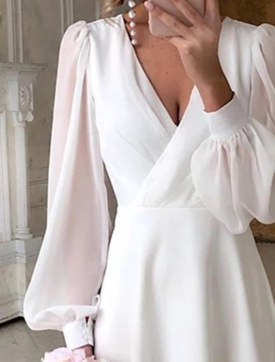 Women's V-Neck Puff Long Sleeve Dress Midi A-Line Bridal