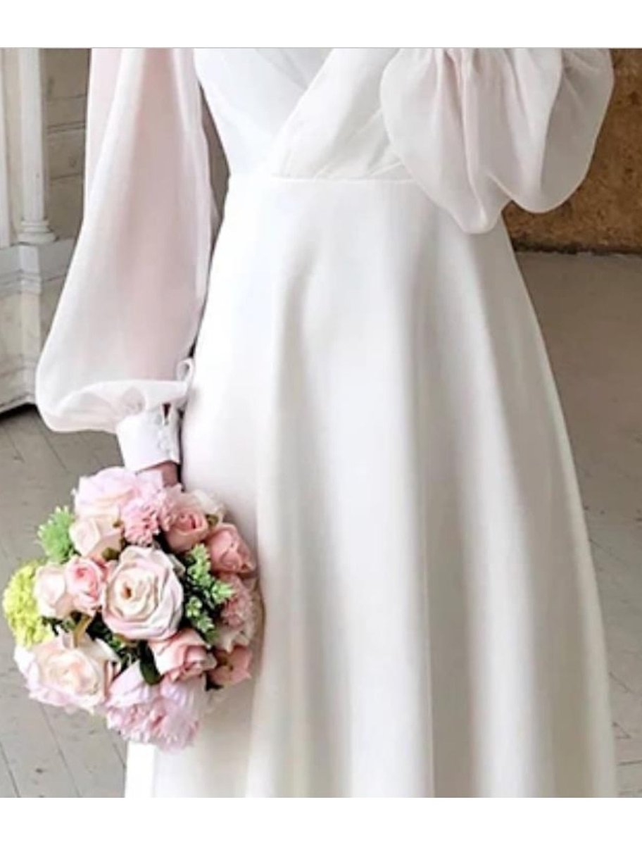 Women's V-Neck Puff Long Sleeve Dress Midi A-Line Bridal