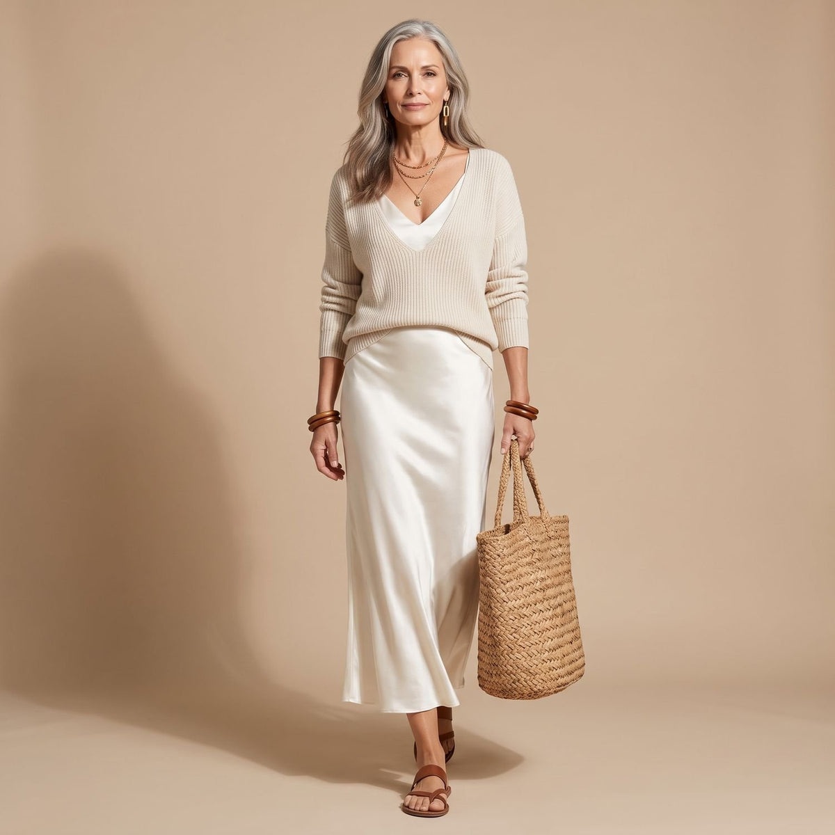 Women's V-Neck Ribbed Knit Sweater Satin Midi Skirt Set - Ivory