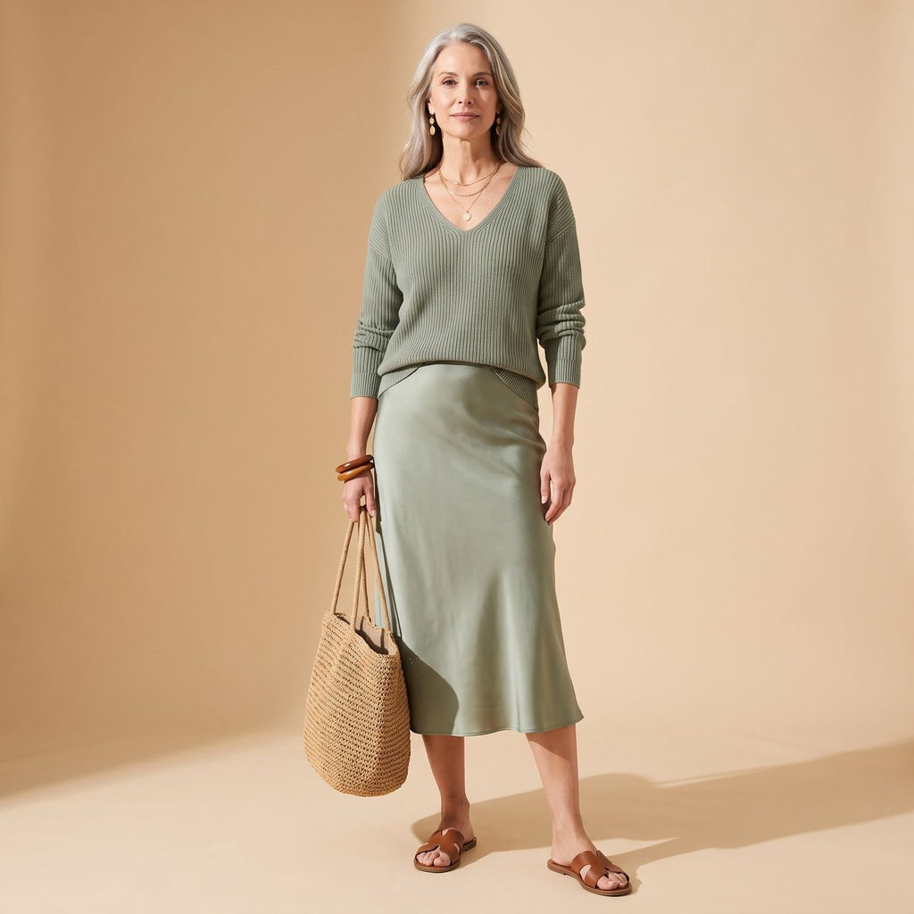 Women's V-Neck Ribbed Knit Sweater Satin Midi Skirt Set - Light Green