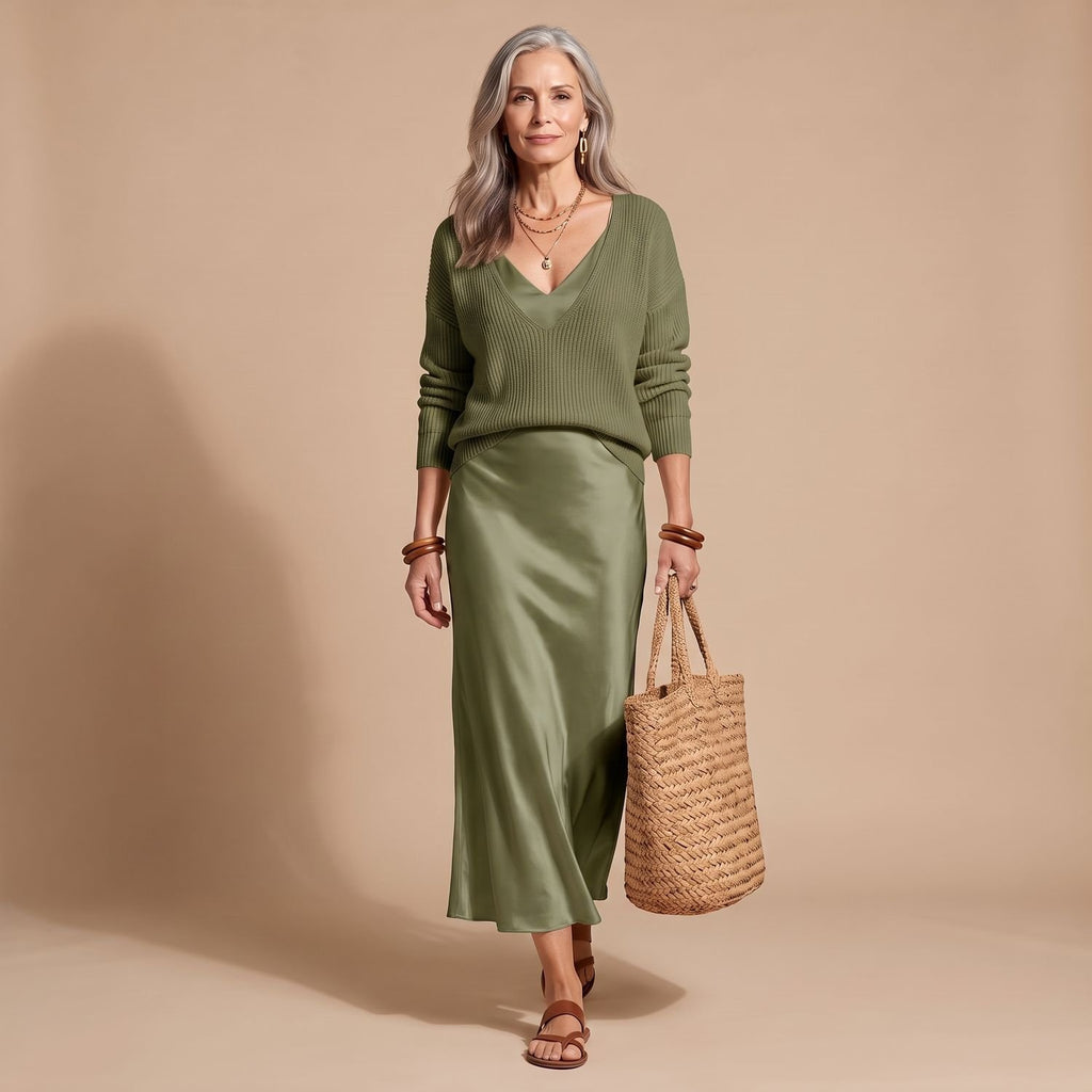 Women's V-Neck Ribbed Knit Sweater Satin Midi Skirt Set - Green