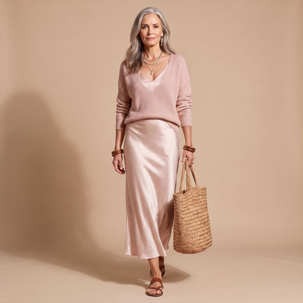 Women's V-Neck Ribbed Knit Sweater Satin Midi Skirt Set - Pink