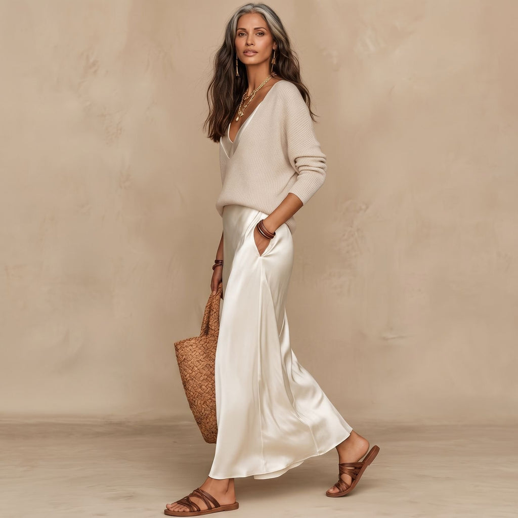 Women's V-Neck Ribbed Knit Sweater Satin Midi Skirt Set