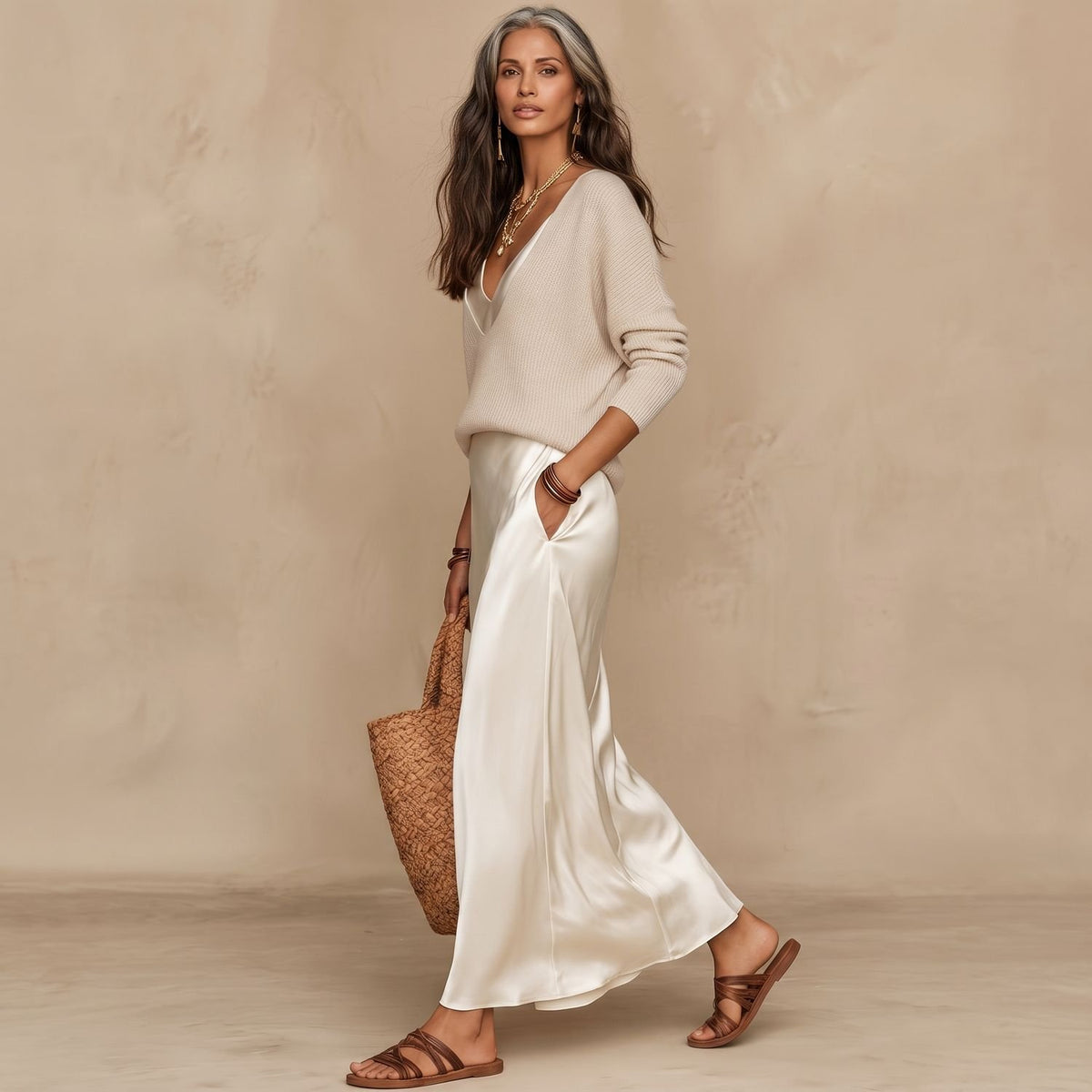 Women's V-Neck Ribbed Knit Sweater Satin Midi Skirt Set