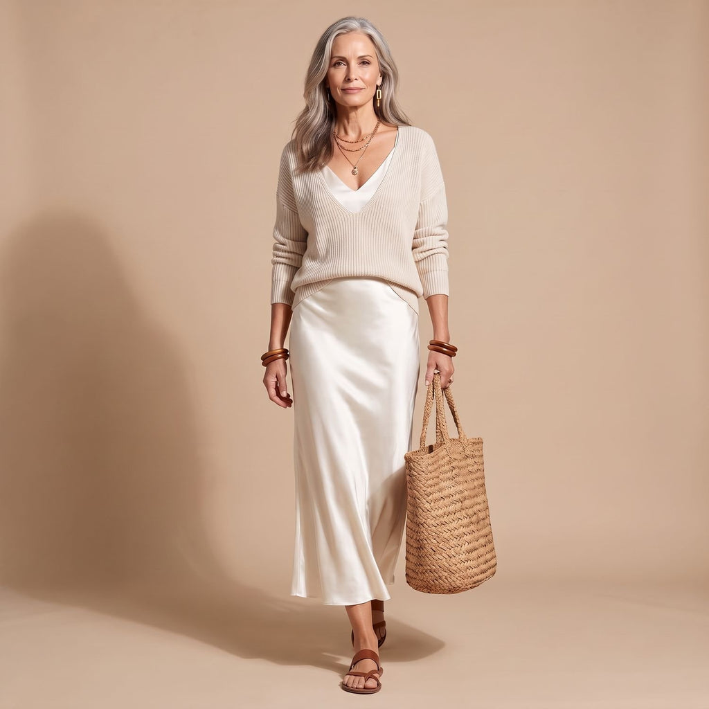 Women's V-Neck Ribbed Knit Sweater Satin Midi Skirt Set