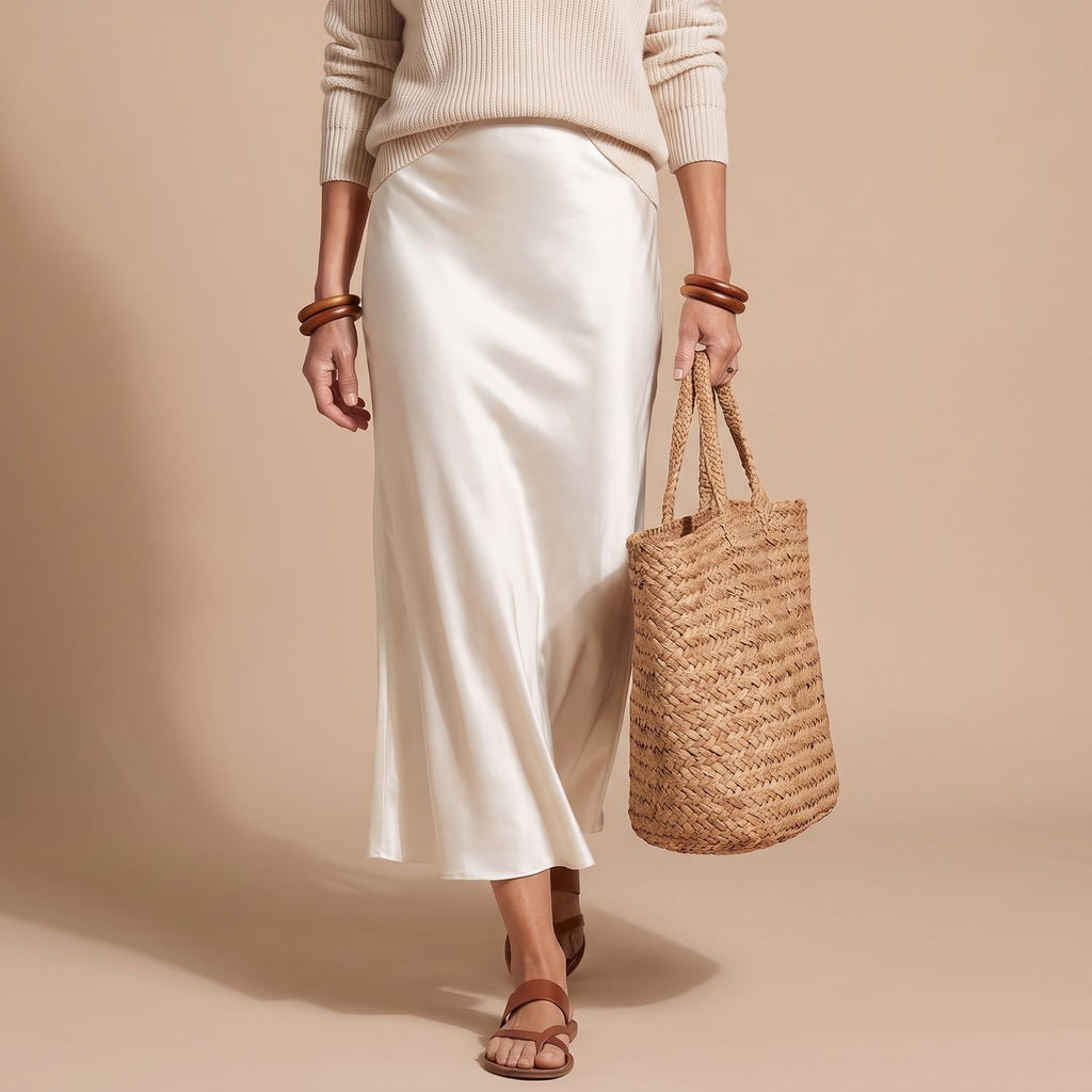 Women's V-Neck Ribbed Knit Sweater Satin Midi Skirt Set